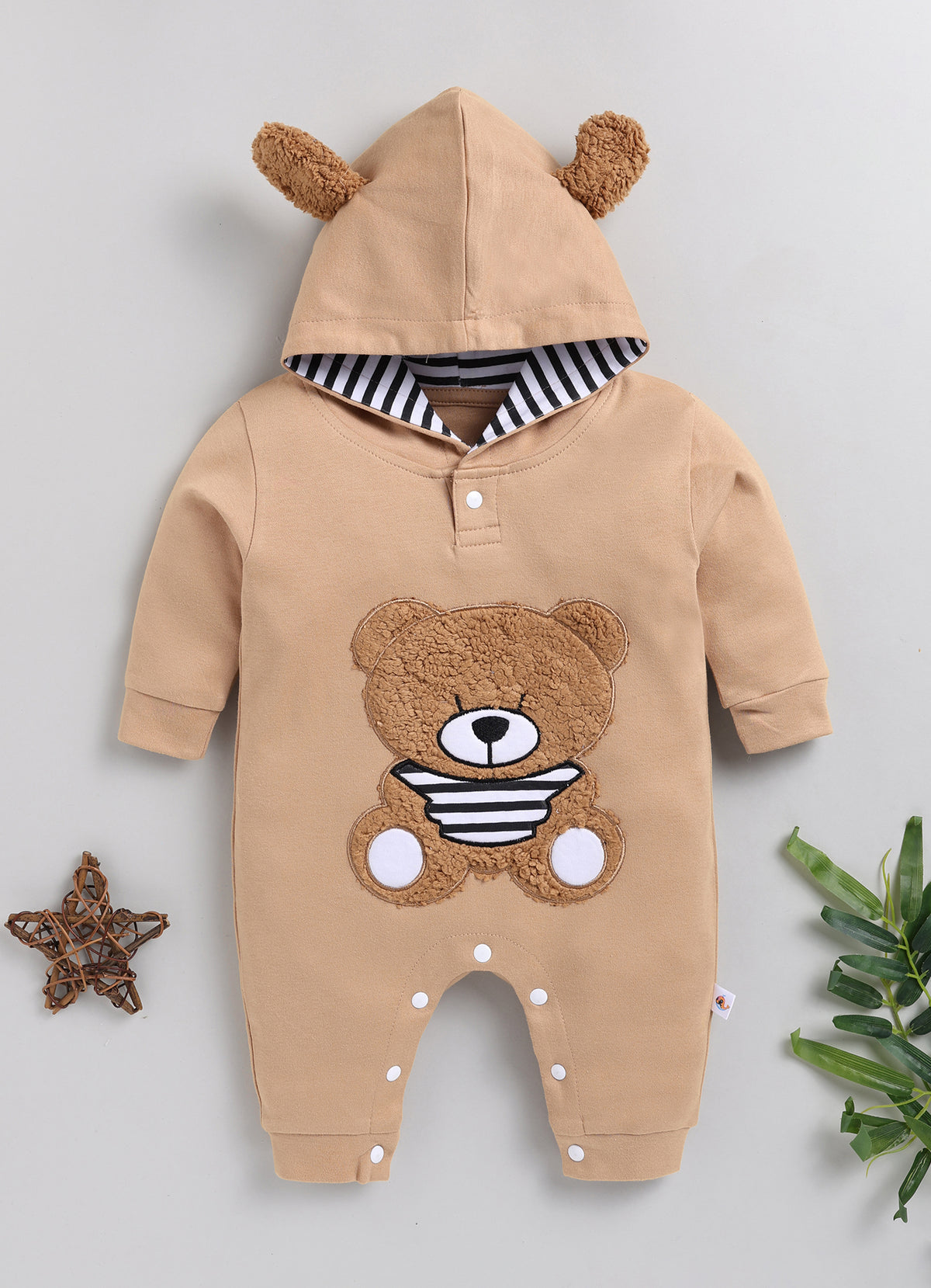 Bumzee Brown Embroidered Sleepsuit, Full Sleeves, 100% Cotton