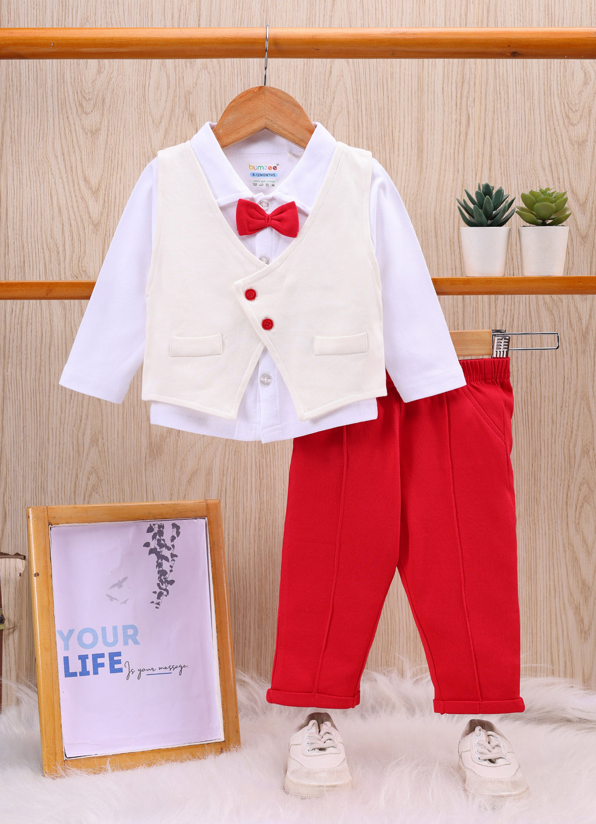 Bumzee White & Red Formal Set, Full Sleeves, 100% Cotton