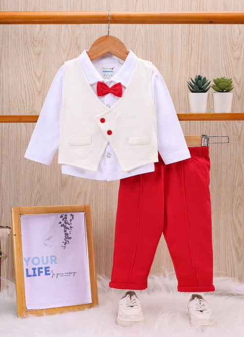 Bumzee White & Red Formal Set, Full Sleeves, 100% Cotton