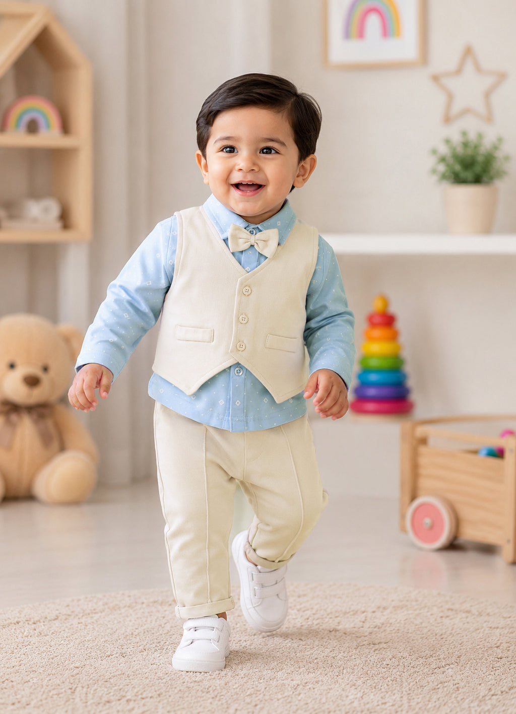 Bumzee Blue & Beige Formal Set, Full Sleeves, 100% Cotton
