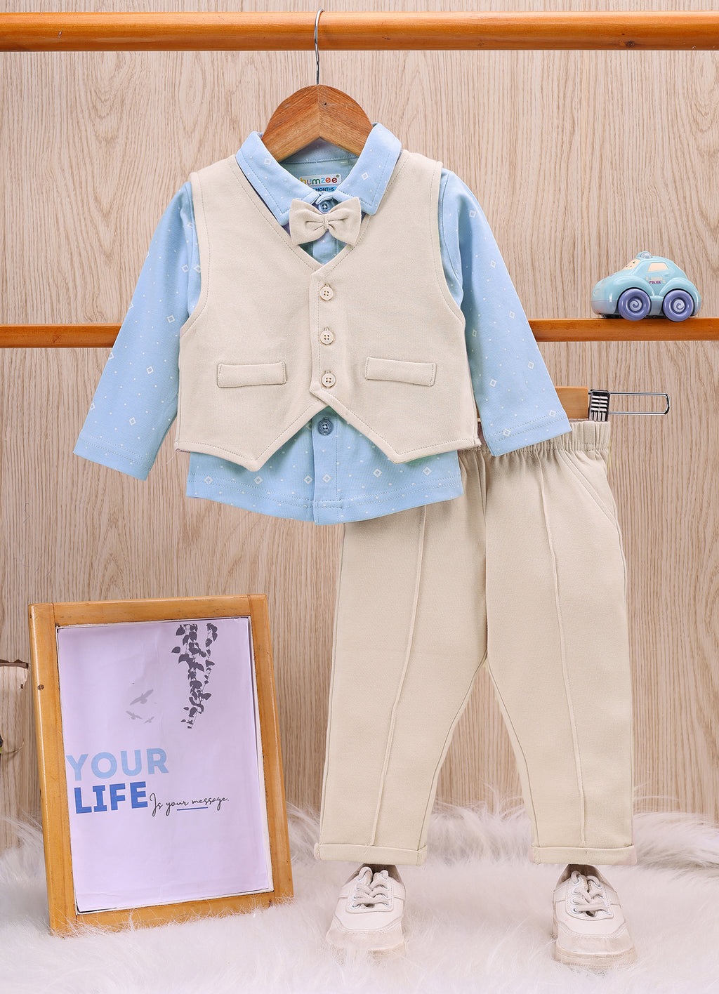 Bumzee Blue & Beige Formal Set, Full Sleeves, 100% Cotton