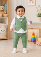 Bumzee White & Green Formal Set, Full Sleeves, 100% Cotton, with Waistcoat (Style Peb11740)