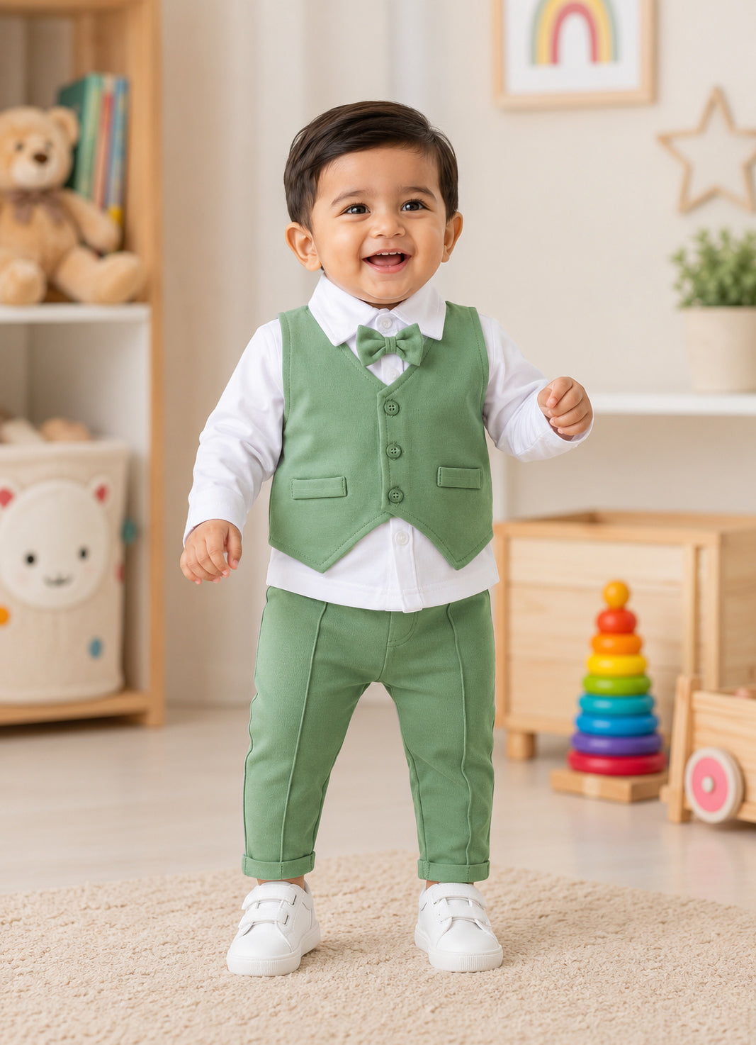 Bumzee White & Green Formal Set, Full Sleeves, 100% Cotton, with Waistcoat (Style Peb11740)
