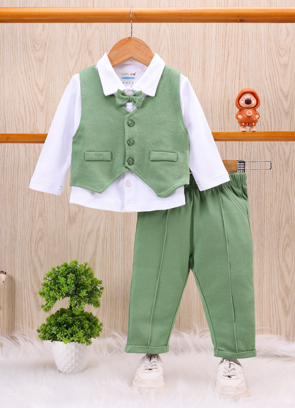 Bumzee White & Green Formal Set, Full Sleeves, 100% Cotton, with Waistcoat (Style Peb11740)