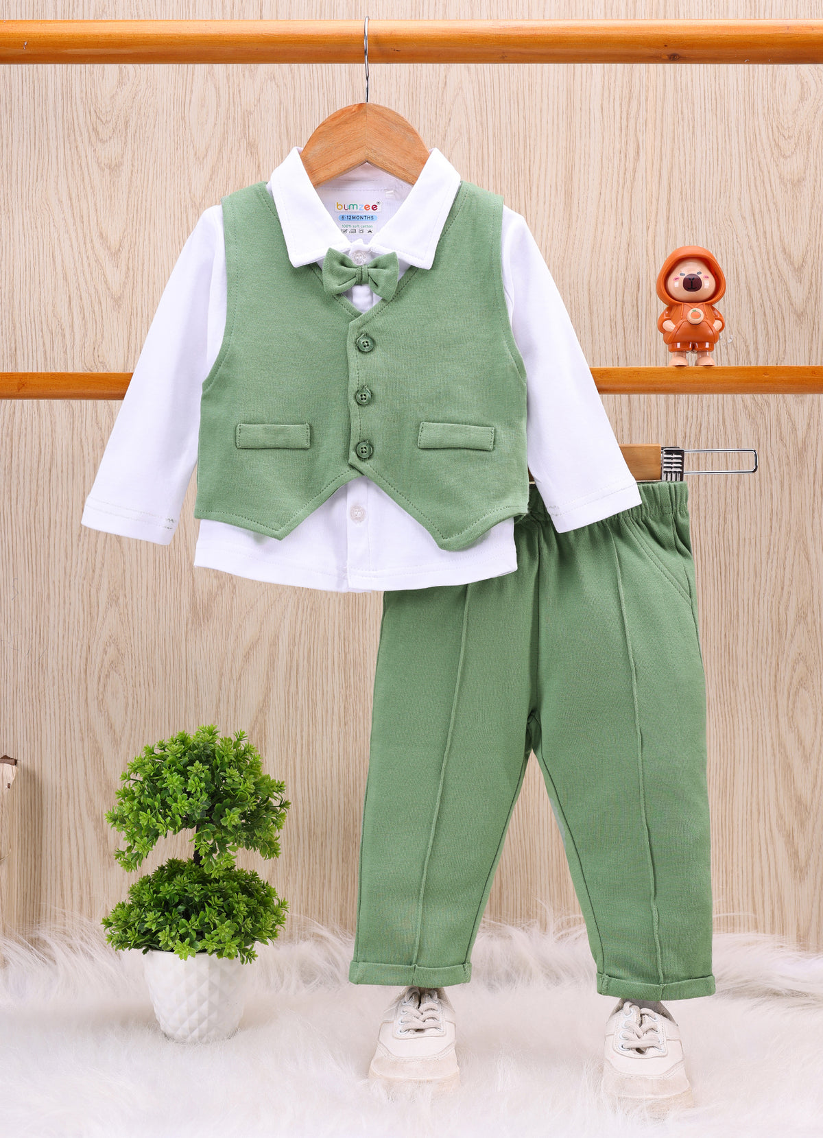 Bumzee White & Green Formal Set, Full Sleeves, 100% Cotton, with Waistcoat (Style Peb11740)