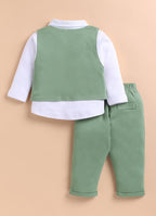 Bumzee White & Green Formal Set, Full Sleeves, 100% Cotton, with Waistcoat (Style Peb11740)