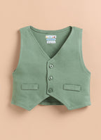 Bumzee White & Green Formal Set, Full Sleeves, 100% Cotton, with Waistcoat (Style Peb11740)