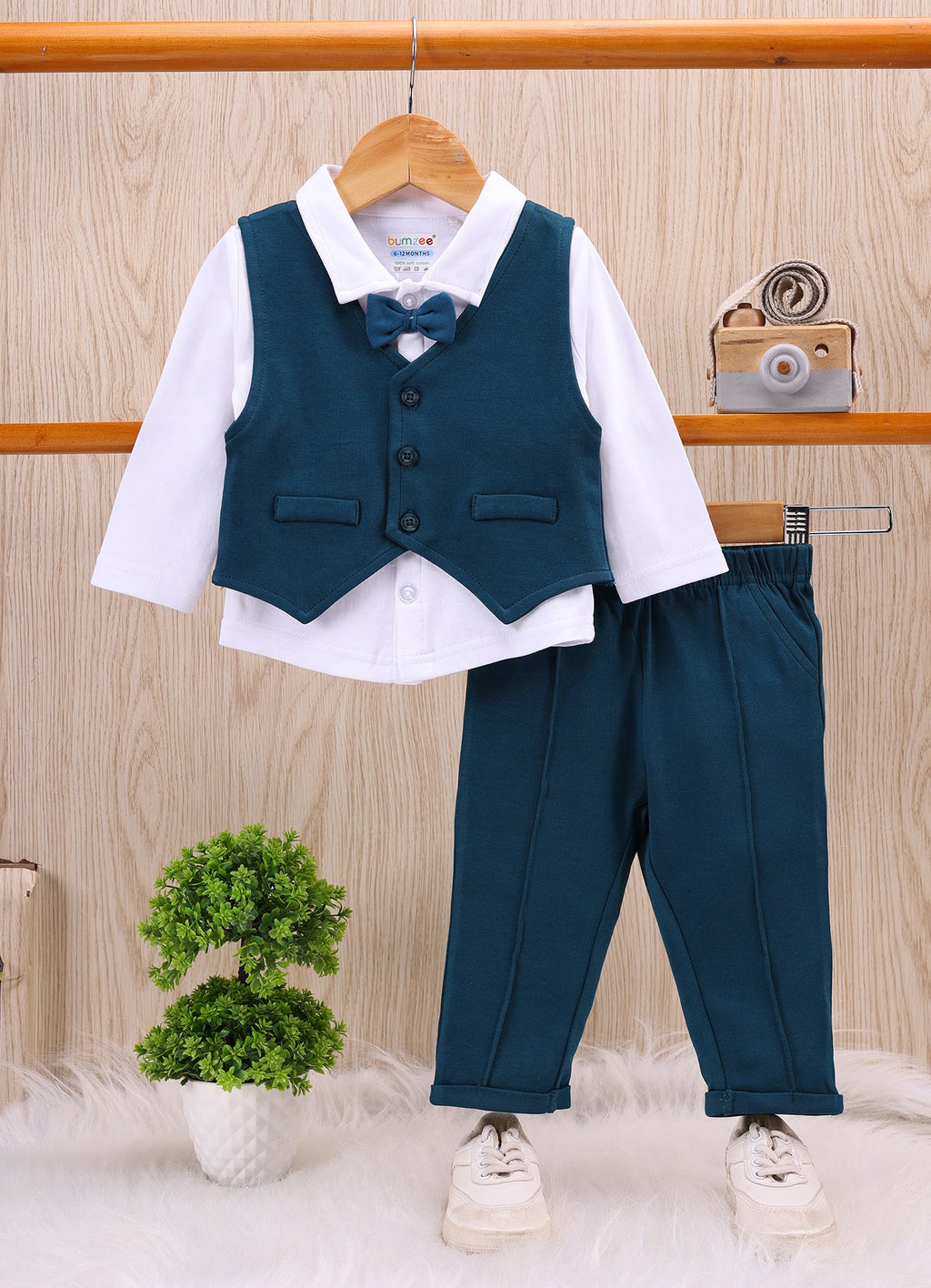 Bumzee White & Teal Formal Set, Full Sleeves, 100% Cotton