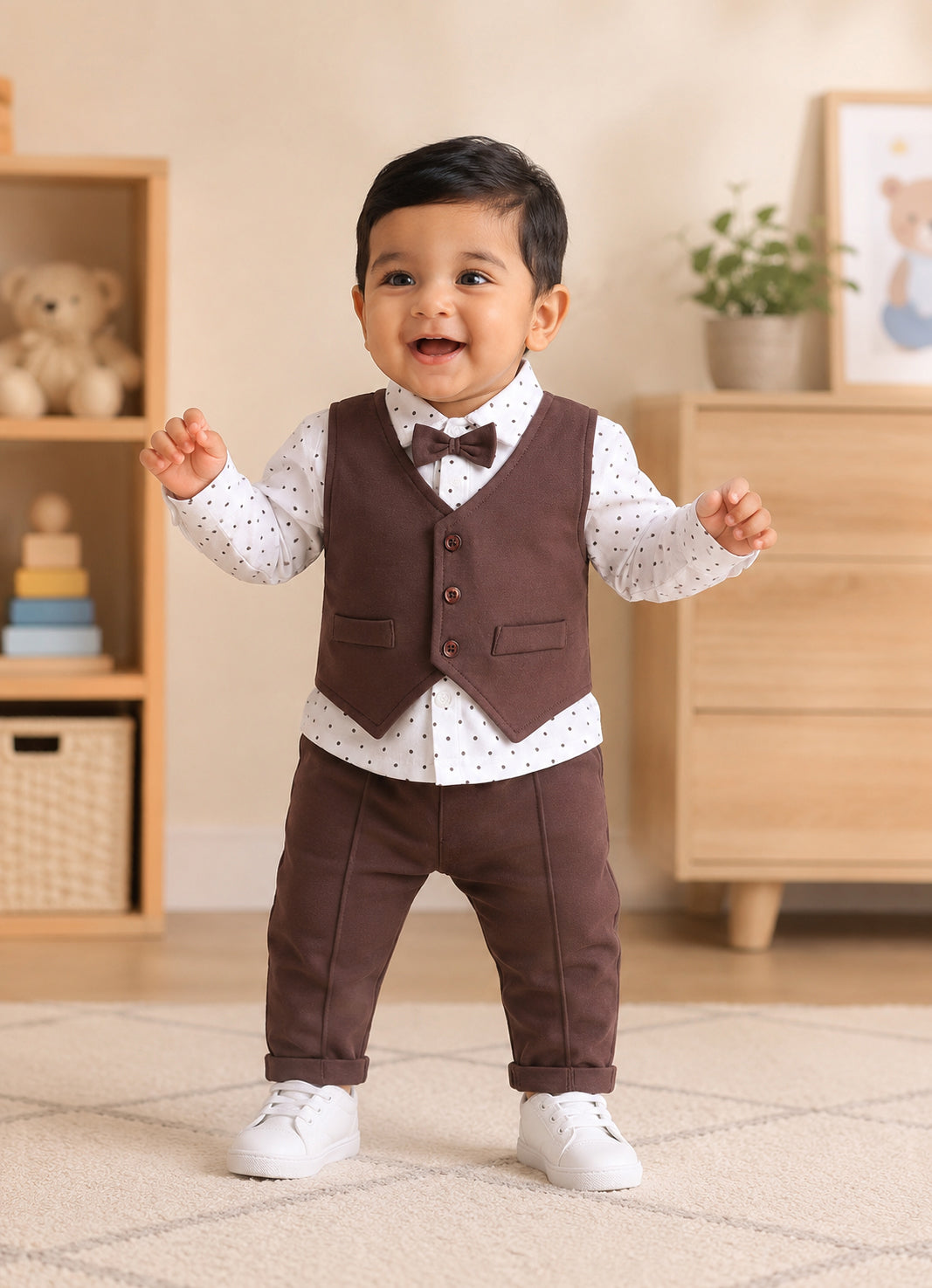 Bumzee White & Brown Formal Set, Full Sleeves, 100% Cotton