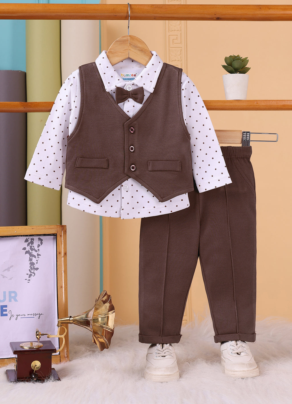 Bumzee White & Brown Formal Set, Full Sleeves, 100% Cotton