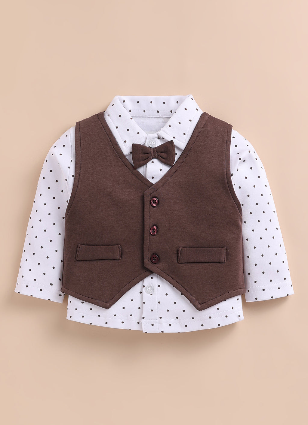 Bumzee White & Brown Formal Set, Full Sleeves, 100% Cotton