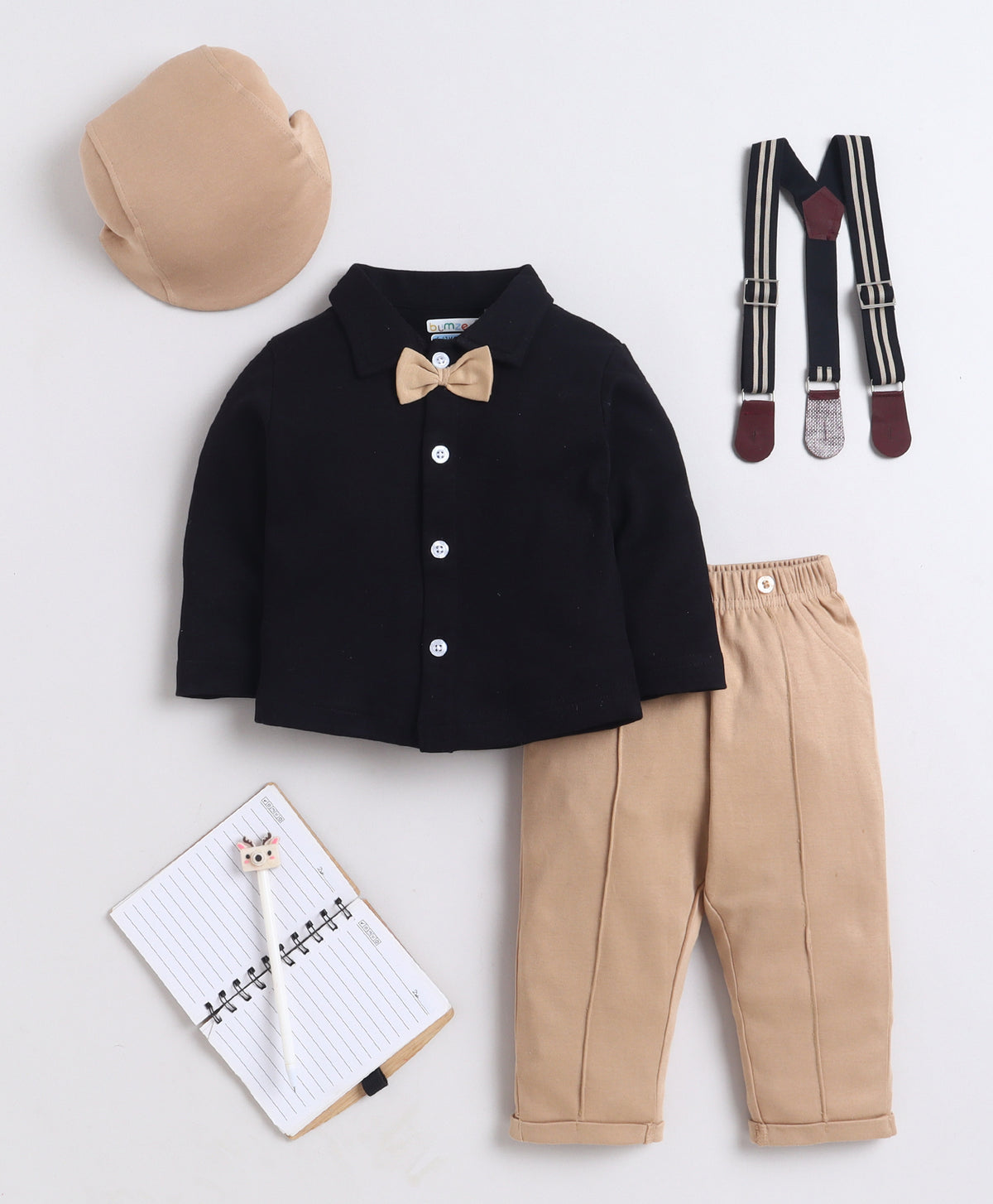 Bumzee Black & Beige Formal Set, Full Sleeves, 100% Cotton, with Suspender