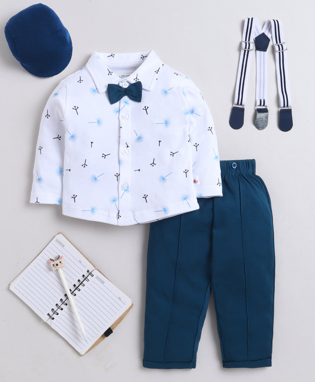 Bumzee White & Teal Graphic Print Formal Set, Full Sleeves, 100% Cotton