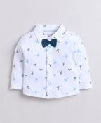 Bumzee White & Teal Graphic Print Formal Set, Full Sleeves, 100% Cotton