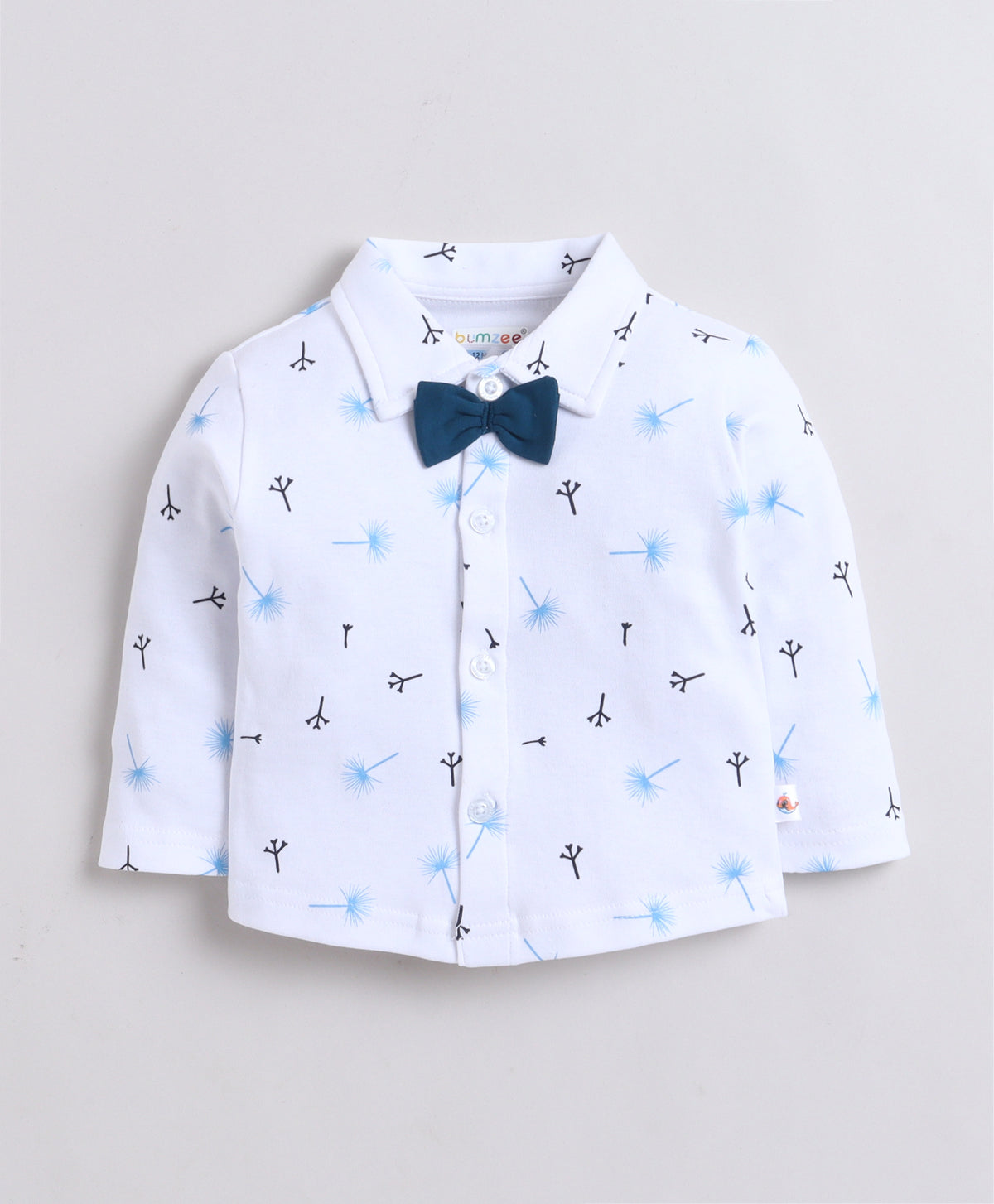 Bumzee White & Teal Graphic Print Formal Set, Full Sleeves, 100% Cotton