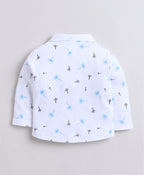 Bumzee White & Teal Graphic Print Formal Set, Full Sleeves, 100% Cotton