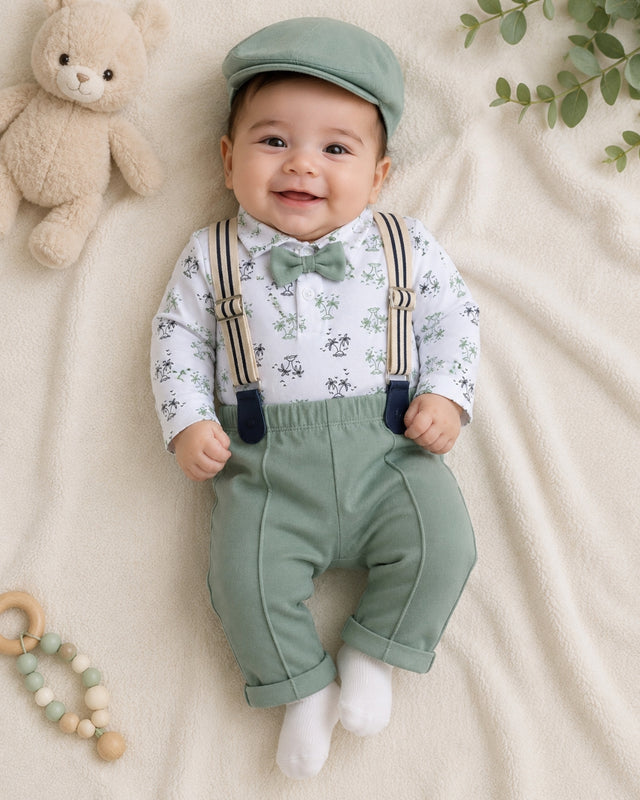 Bumzee White & Green Graphic Print Formal Set, Full Sleeves, 100% Cotton