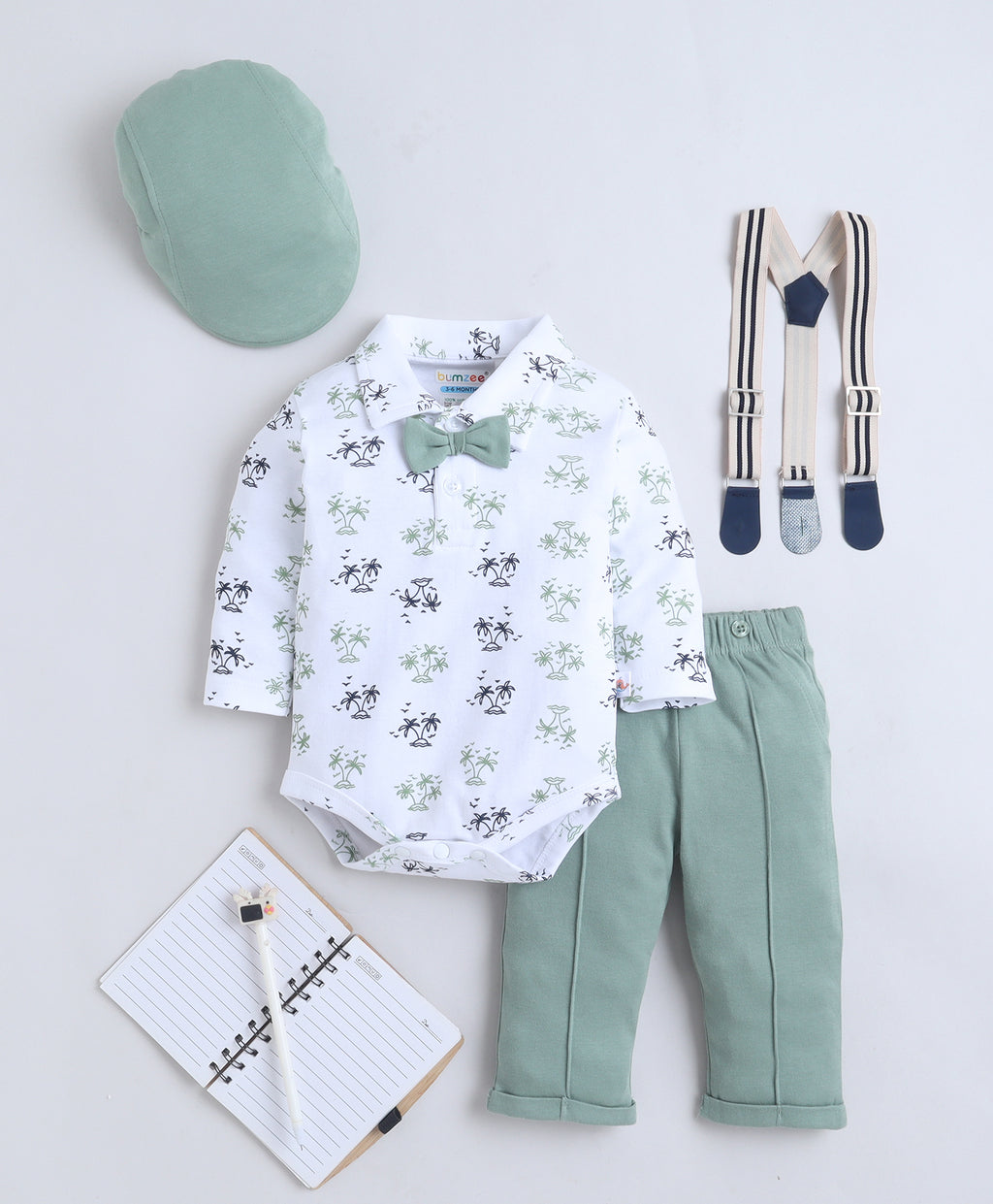 Bumzee White & Green Graphic Print Formal Set, Full Sleeves, 100% Cotton