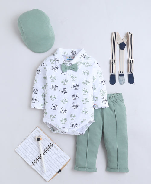 Bumzee White & Green Graphic Print Formal Set, Full Sleeves, 100% Cotton