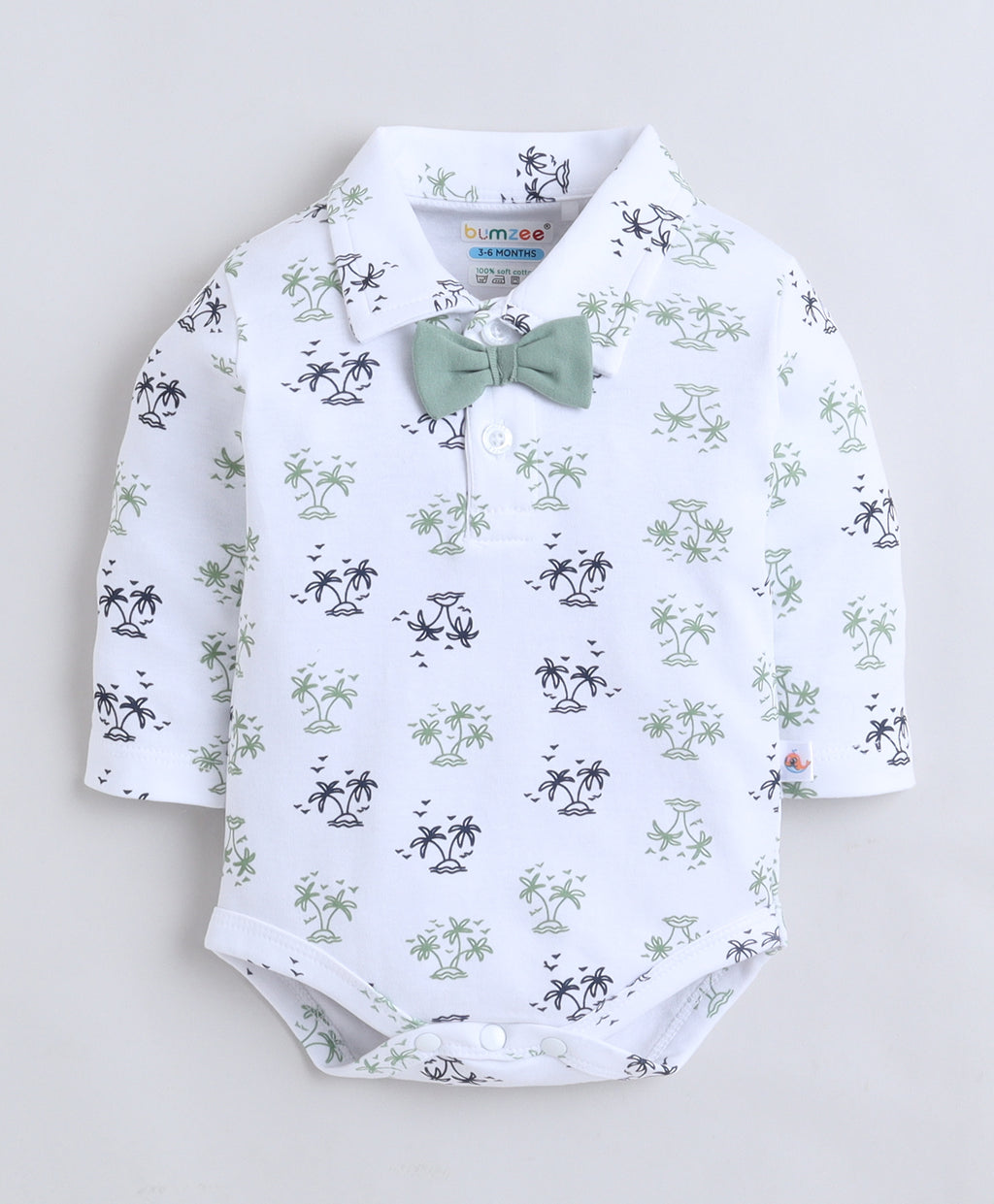 Bumzee White & Green Graphic Print Formal Set, Full Sleeves, 100% Cotton