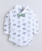 Bumzee White & Green Graphic Print Formal Set, Full Sleeves, 100% Cotton