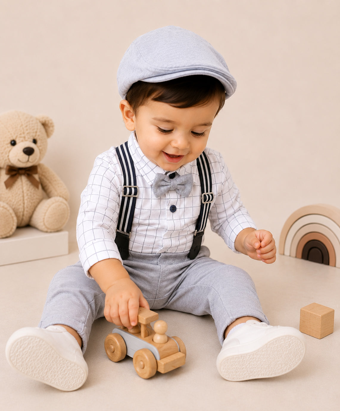Bumzee White & Grey Formal Set, Full Sleeves, 100% Cotton