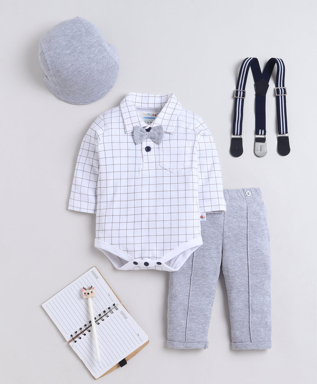 Bumzee White & Grey Formal Set, Full Sleeves, 100% Cotton