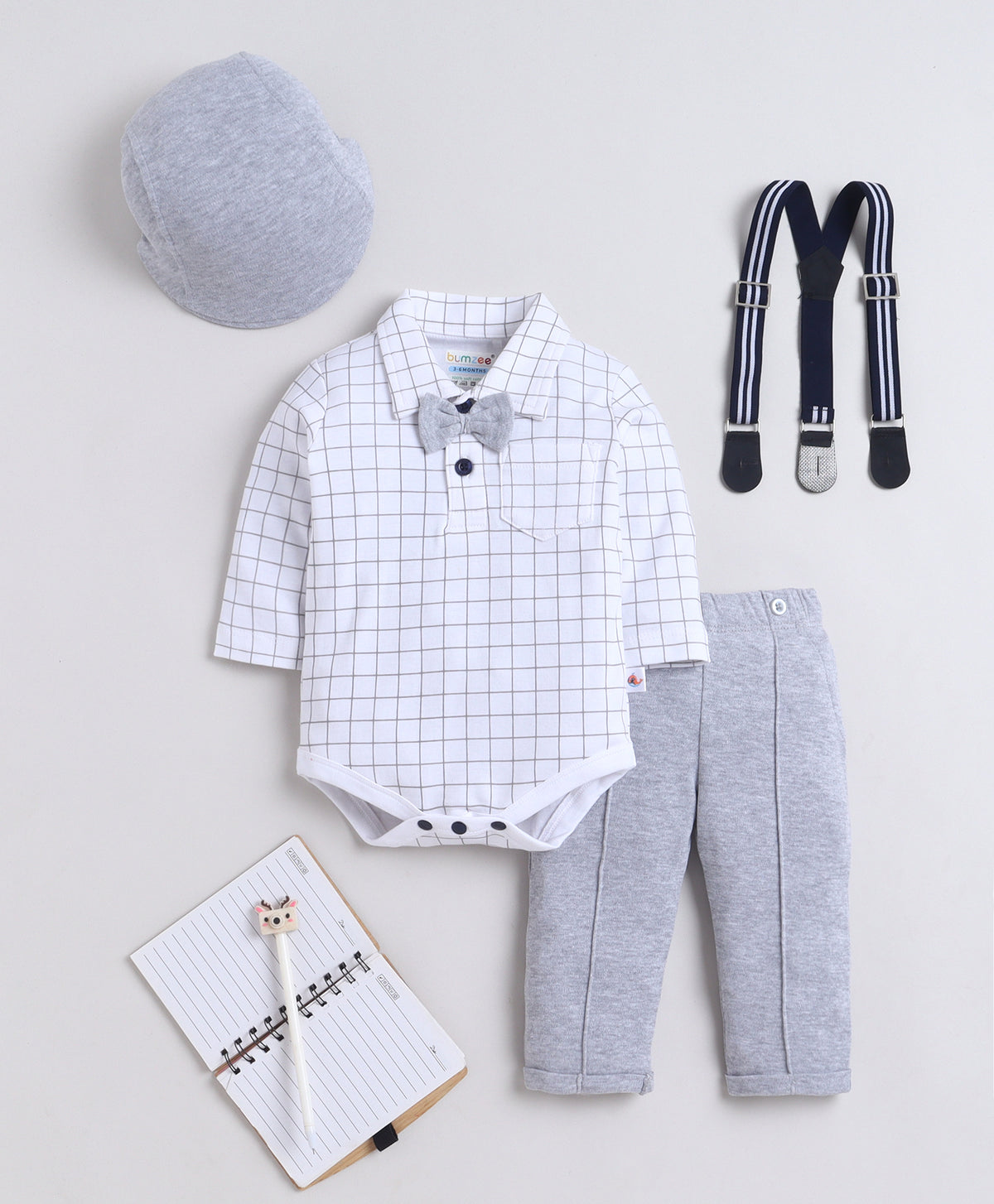 Bumzee White & Grey Formal Set, Full Sleeves, 100% Cotton