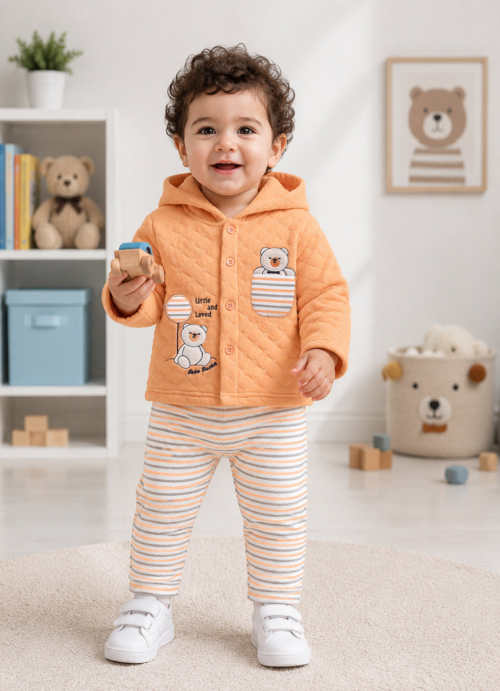Bumzee Orange & Cream Embroidered Winter Set, Full Sleeves, Padded