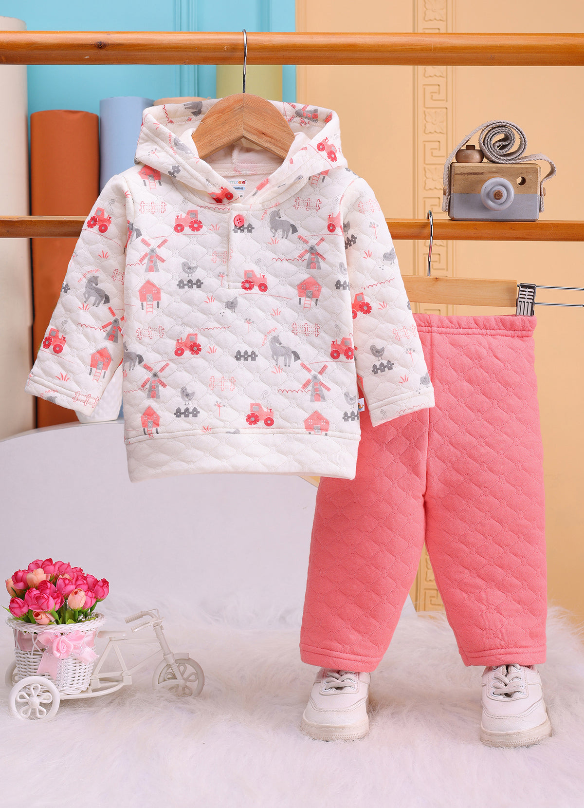 Bumzee Cream & Coral Graphic Print Winter Set, Full Sleeves, Padded