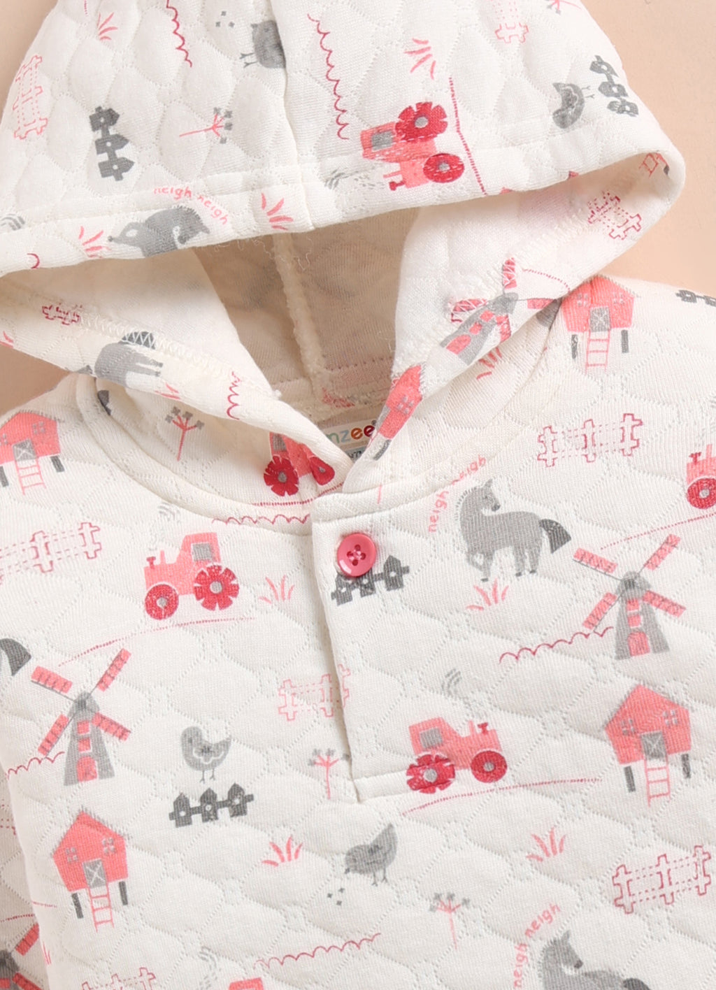 Bumzee Cream & Coral Graphic Print Winter Set, Full Sleeves, Padded