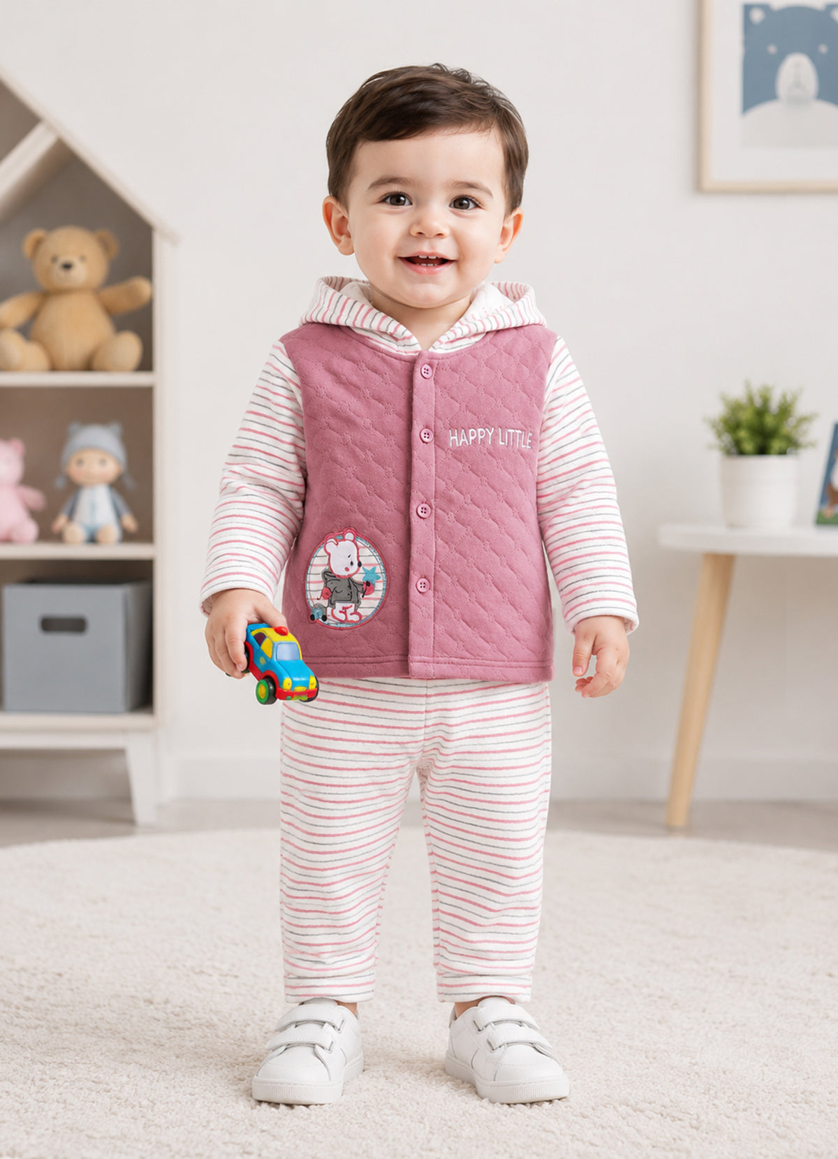 Bumzee Pink & Cream Embroidered Winter Set, Full Sleeves, Padded