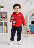 Bumzee Red & Navy Embroidered Winter Set, Full Sleeves, Padded