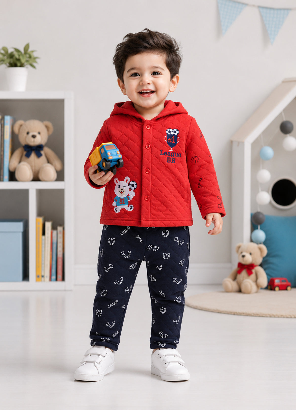 Bumzee Red & Navy Embroidered Winter Set, Full Sleeves, Padded