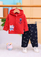 Bumzee Red & Navy Embroidered Winter Set, Full Sleeves, Padded