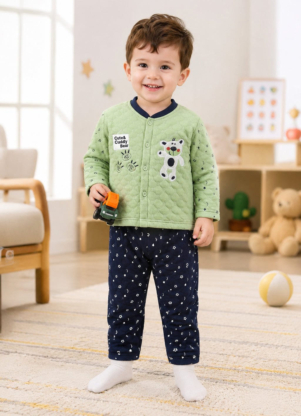 Bumzee Mint & Navy Embroidered Winter Set, Full Sleeves, Padded