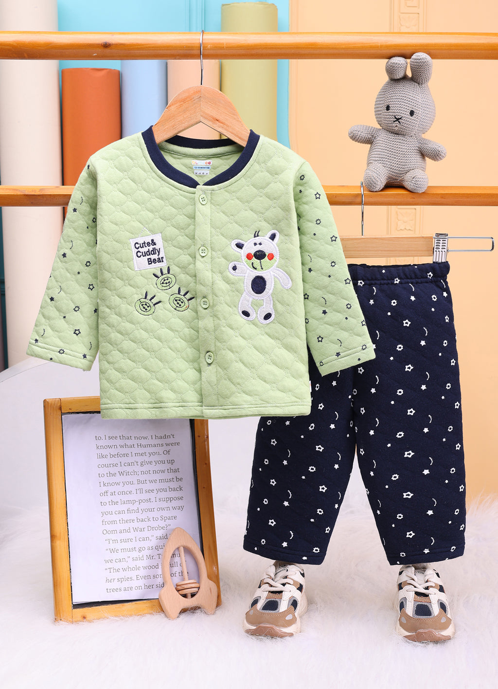 Bumzee Mint & Navy Embroidered Winter Set, Full Sleeves, Padded