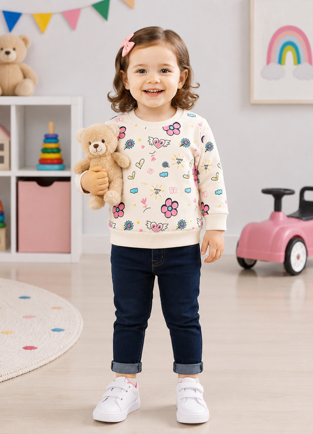 Bumzee Beige Floral Print Sweatshirt, Full Sleeves, 100% Cotton