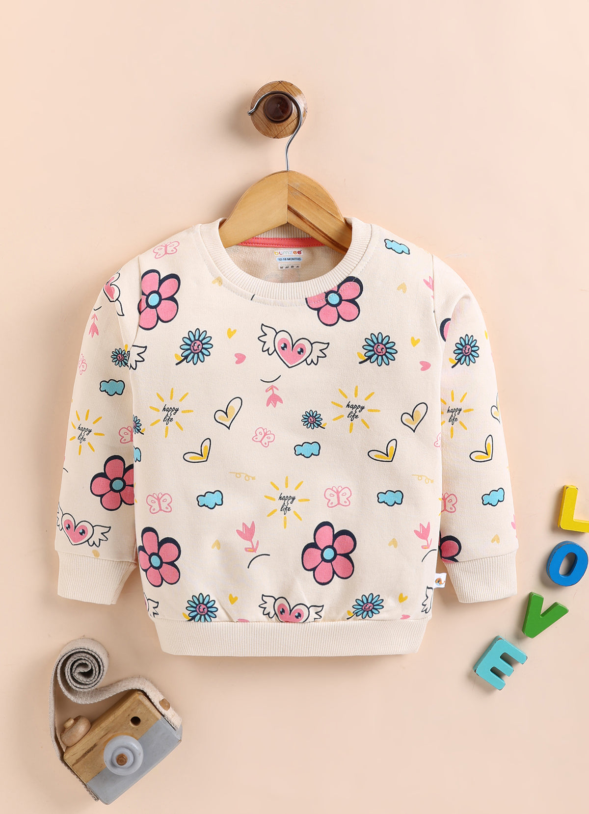 Bumzee Beige Floral Print Sweatshirt, Full Sleeves, 100% Cotton