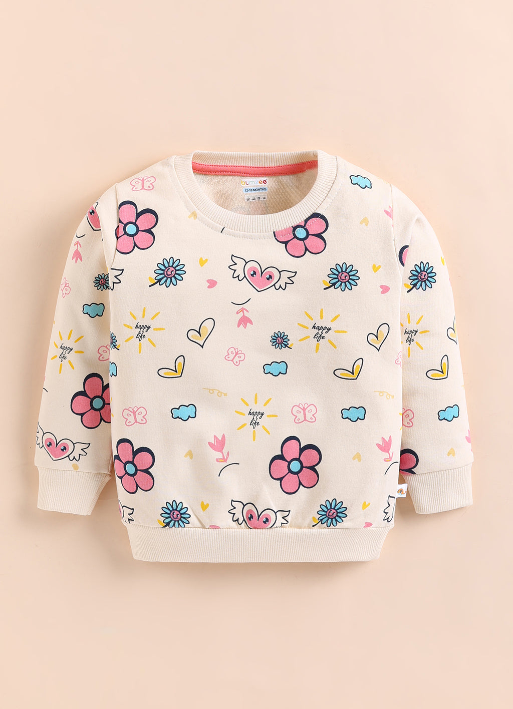 Bumzee Beige Floral Print Sweatshirt, Full Sleeves, 100% Cotton