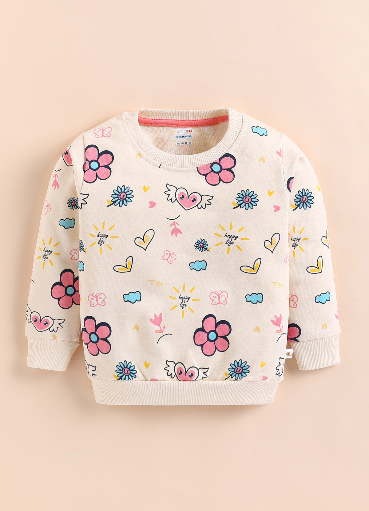 Bumzee Beige Floral Print Sweatshirt, Full Sleeves, 100% Cotton