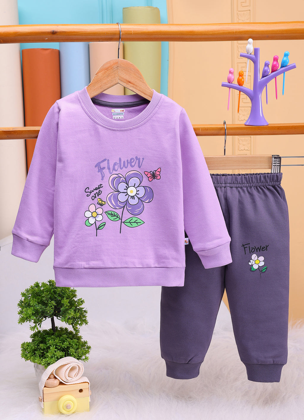 Bumzee Lavender & Grey Floral Print Sweatshirt & Jogger Set, Full Sleeves