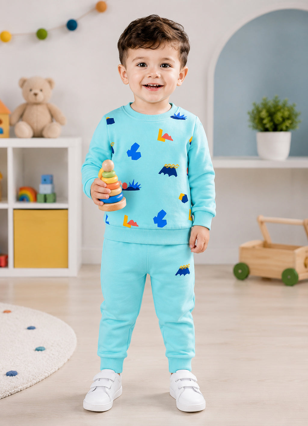 Bumzee Mint Green Graphic Print Sweatshirt & Jogger Set, Full Sleeves, 100% Cotton