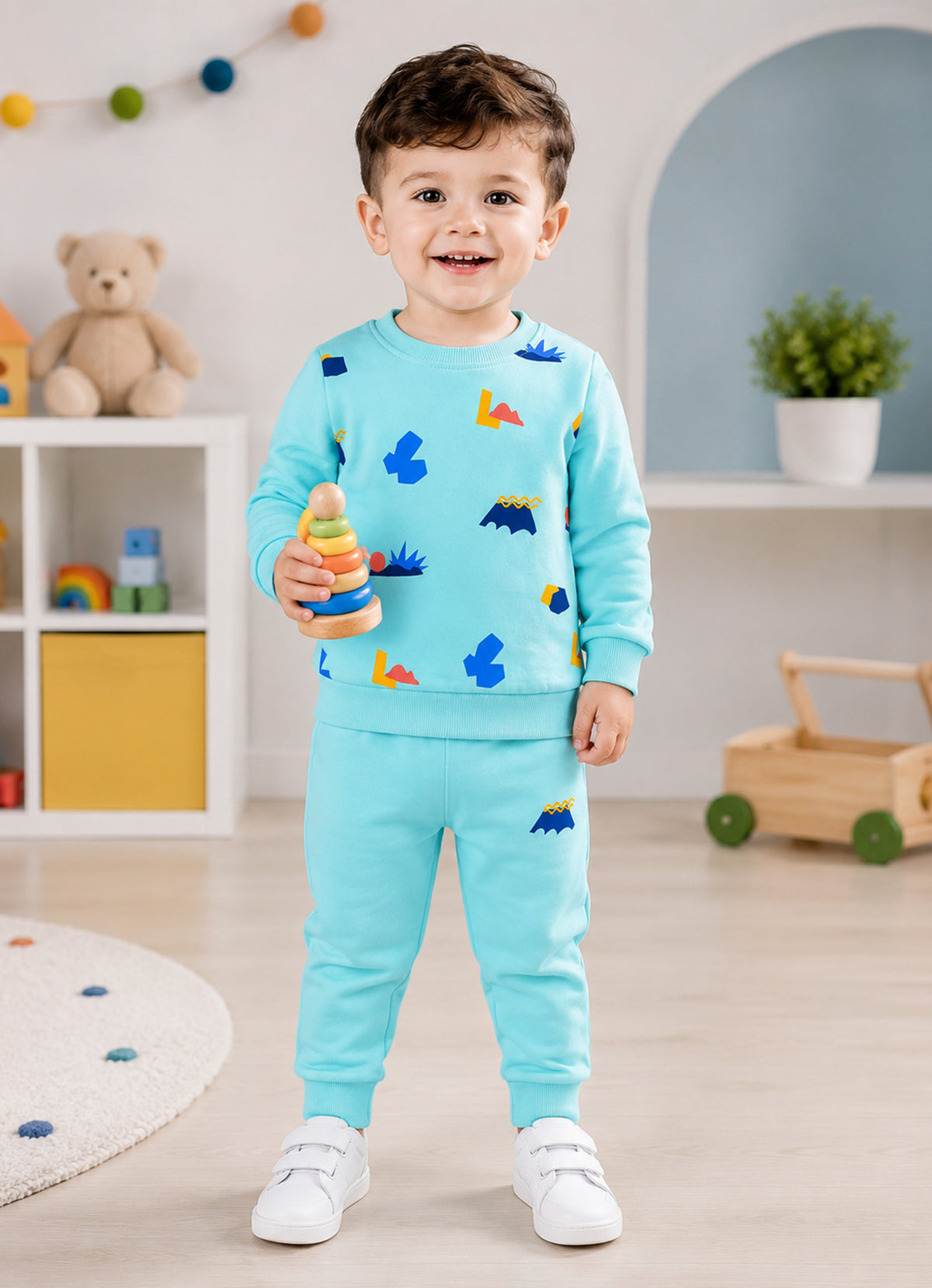 Bumzee Mint Green Graphic Print Sweatshirt & Jogger Set, Full Sleeves, 100% Cotton