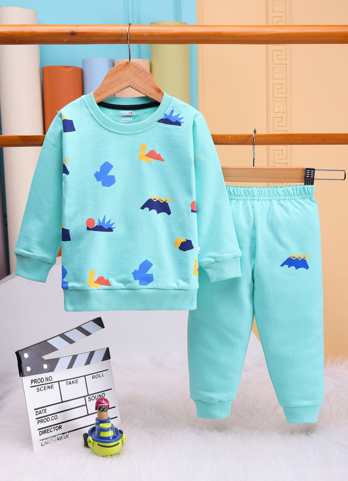 Bumzee Mint Green Graphic Print Sweatshirt & Jogger Set, Full Sleeves, 100% Cotton