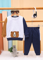 Bumzee Grey & Navy Embroidered Sweatshirt & Jogger Set, Full Sleeves, 100% Cotton