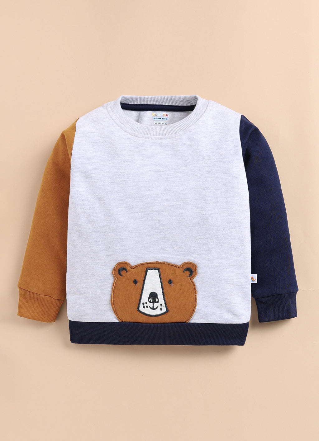 Bumzee Grey & Navy Embroidered Sweatshirt & Jogger Set, Full Sleeves, 100% Cotton