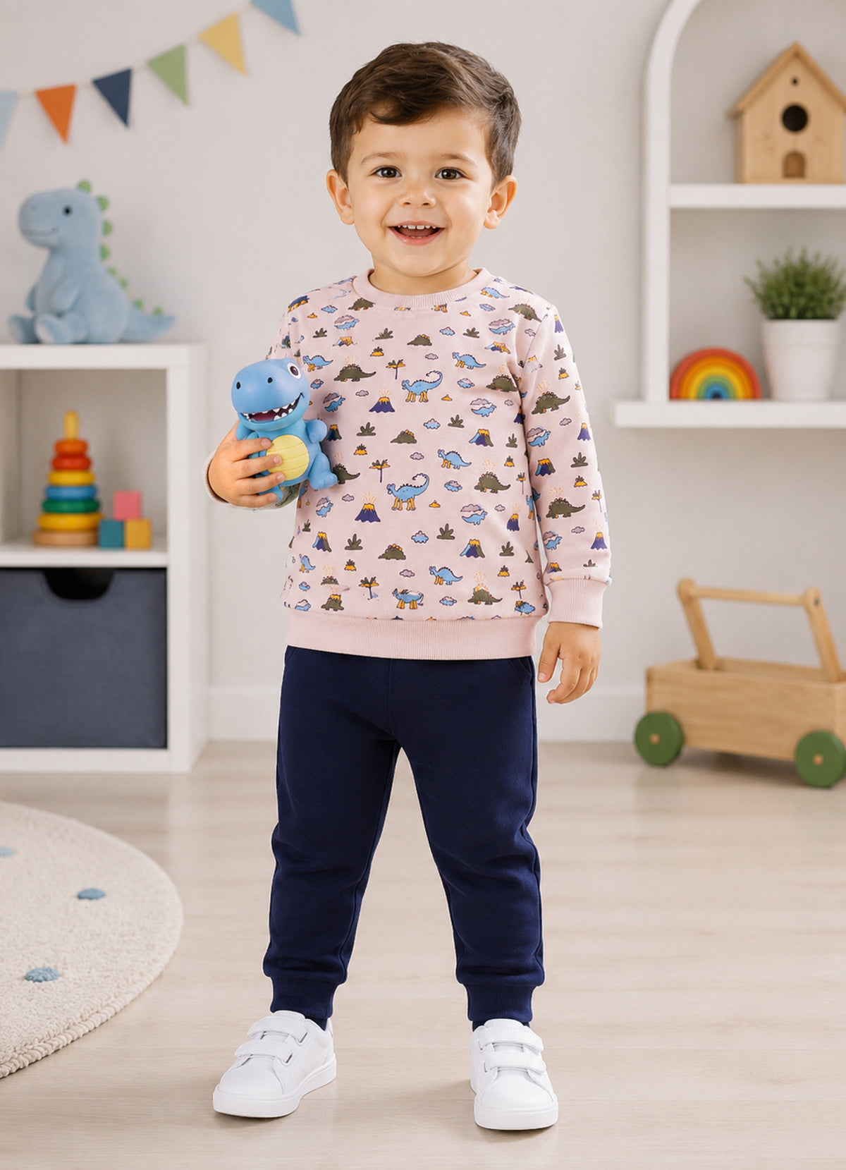 Bumzee Beige & Navy Animal Print Sweatshirt & Jogger Set, Full Sleeves