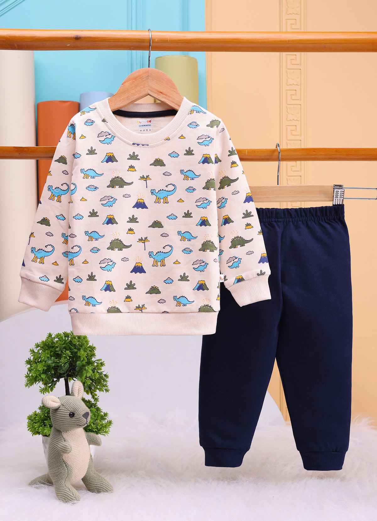 Bumzee Beige & Navy Animal Print Sweatshirt & Jogger Set, Full Sleeves