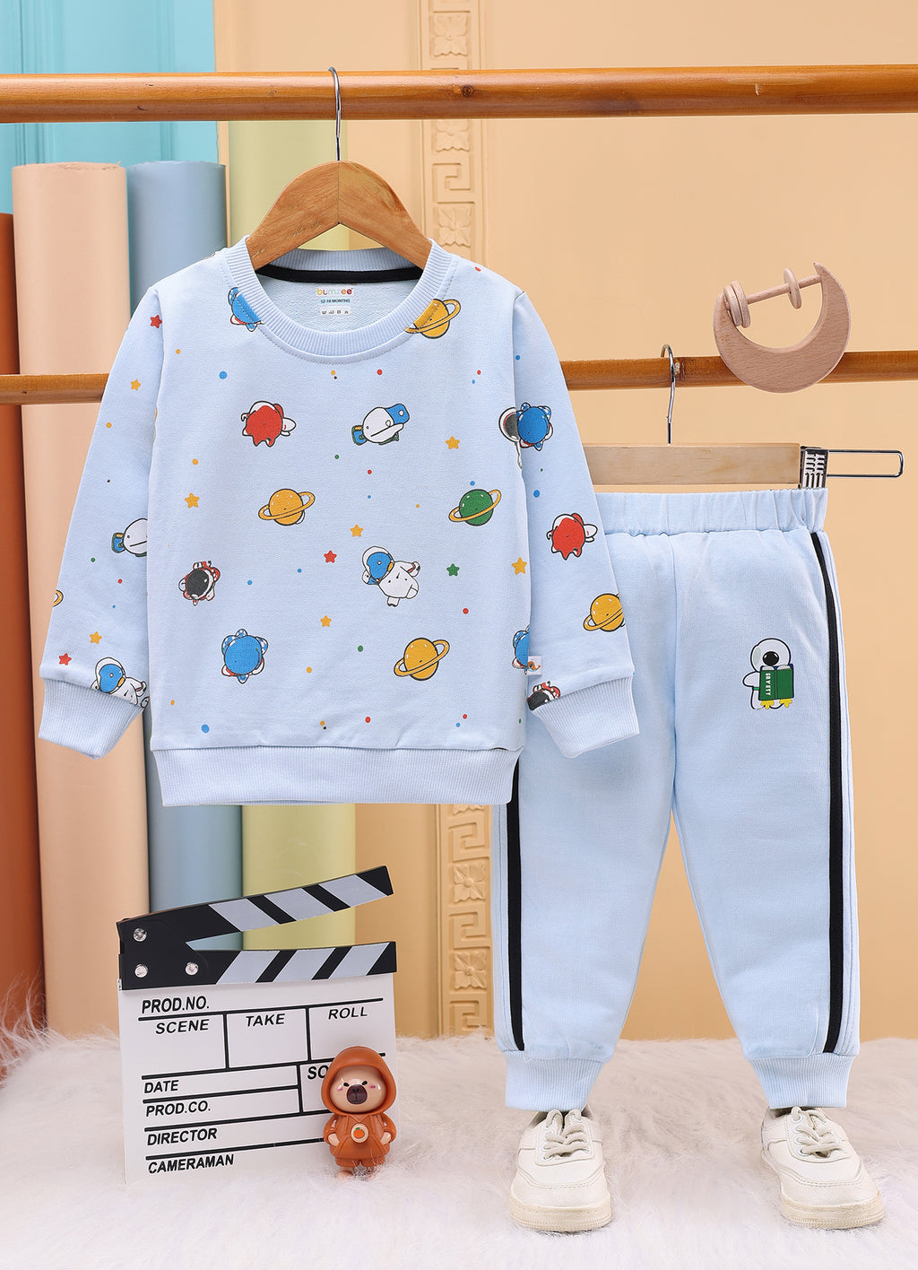 Bumzee Sky Blue Graphic Print Sweatshirt & Jogger Set, Full Sleeves, 100% Cotton